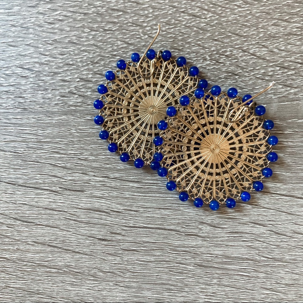 Boho Large Gold Plated and Blue Bead Statement Earrings